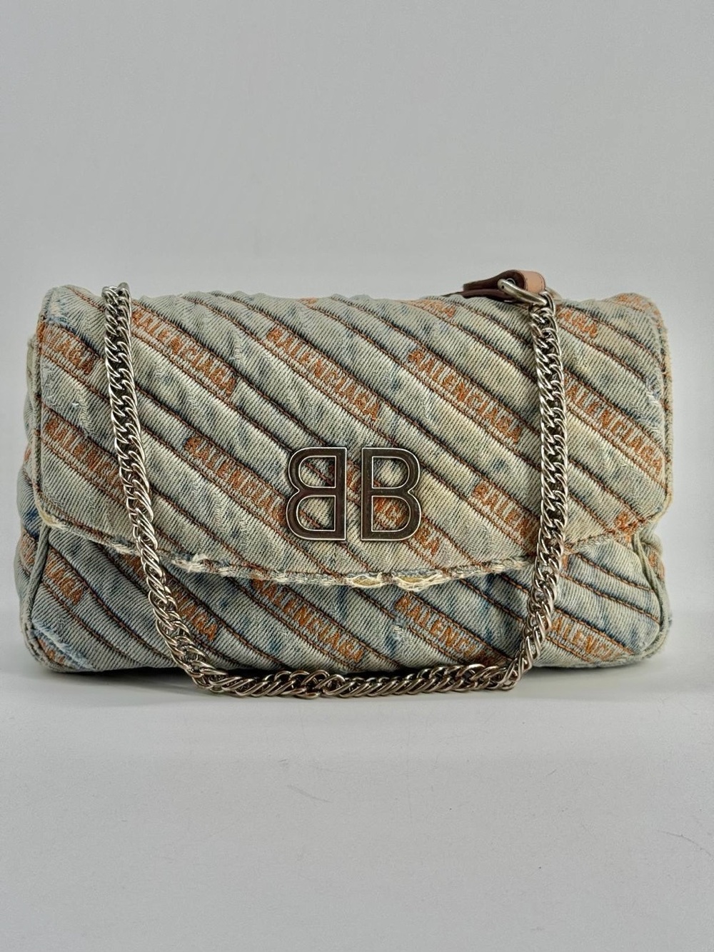 Balenciaga Destroyed Denim Jacquard Logo Matelasse BB Shoulder Bag